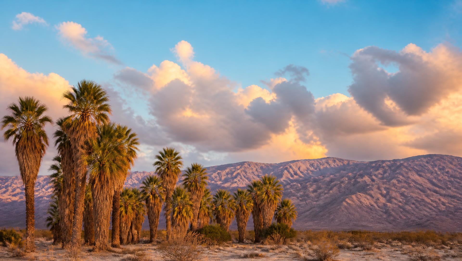 Borrego Springs date palms under a sky of golden-hour clouds, with the desert mountains on the horizon.