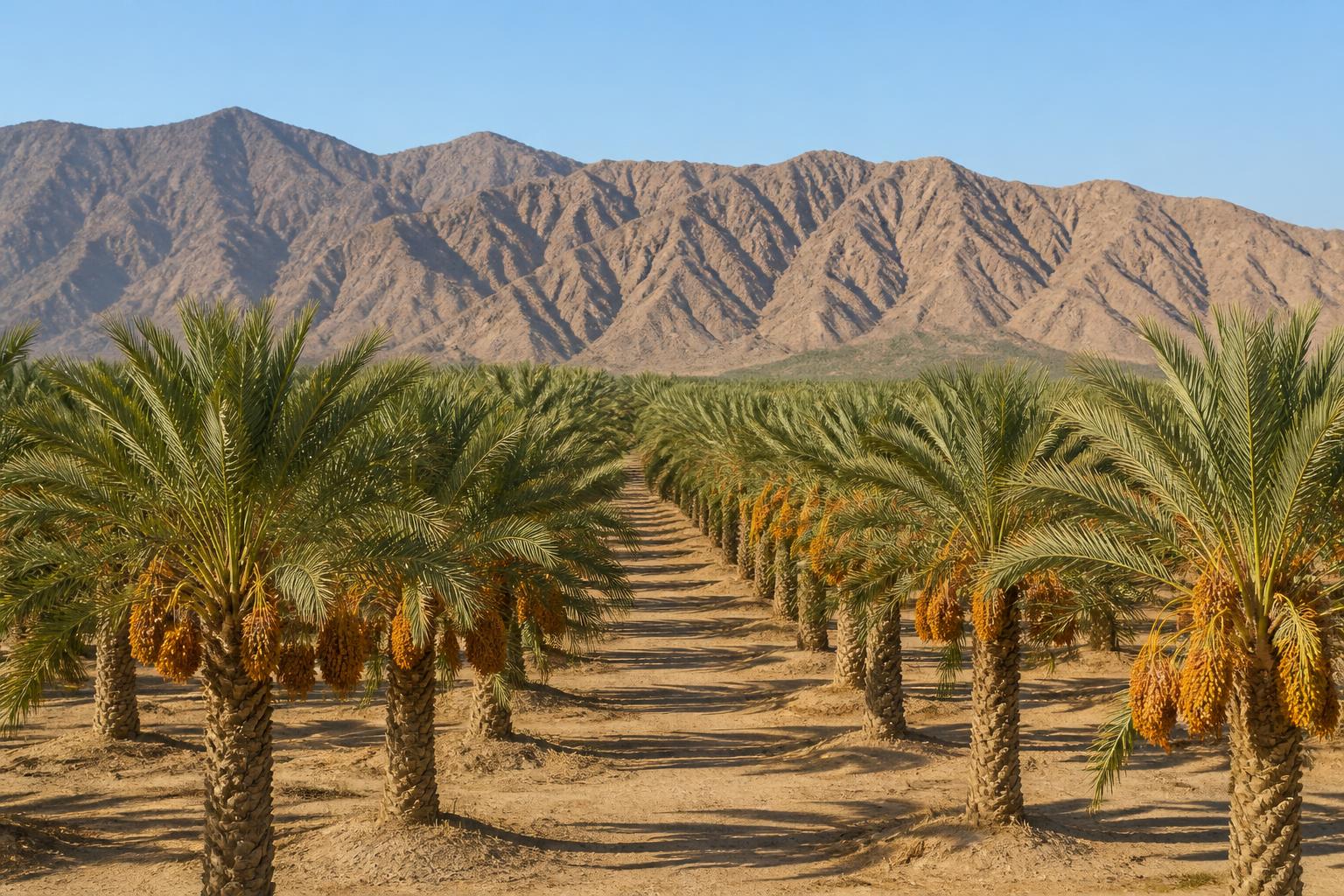 Borrego Dates medjool palm grove with the Borrego Springs mountains behind